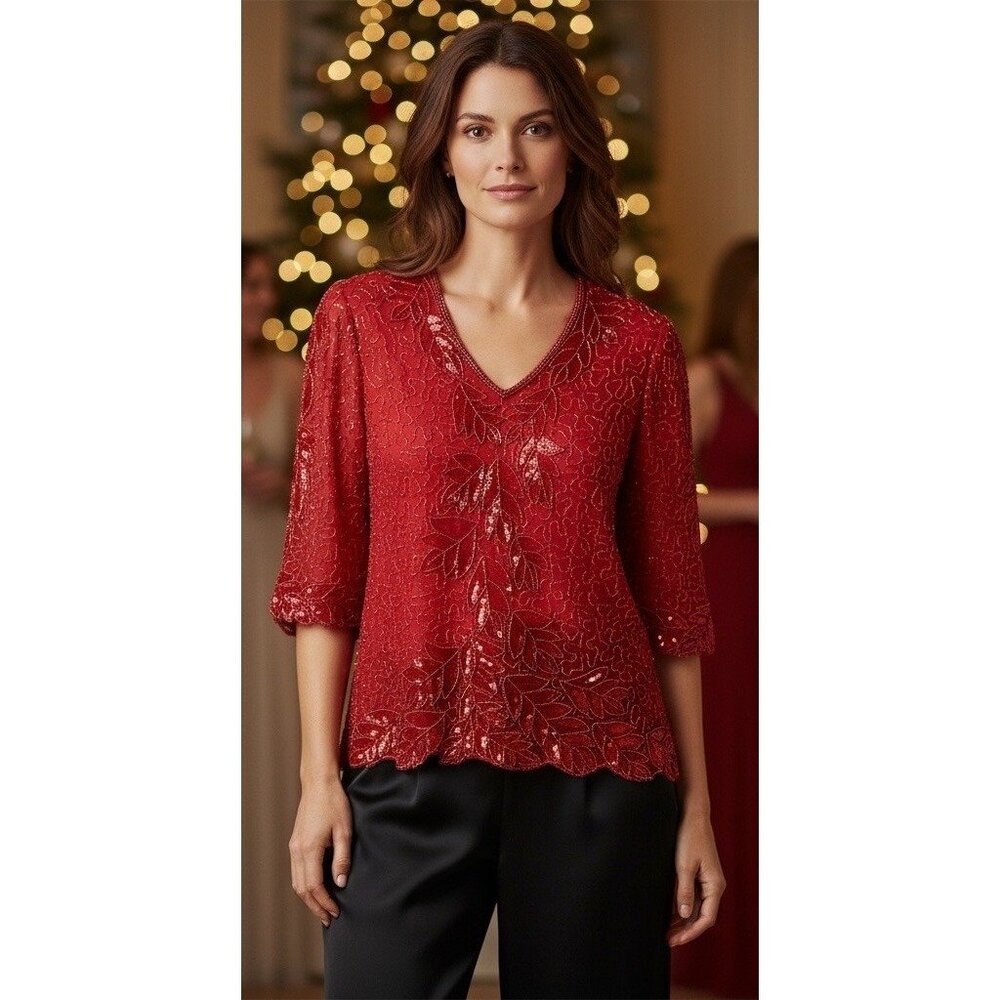 Vintage Landmark Red Beaded Silk Blouse 2X Hand Embellished Holiday Party Top